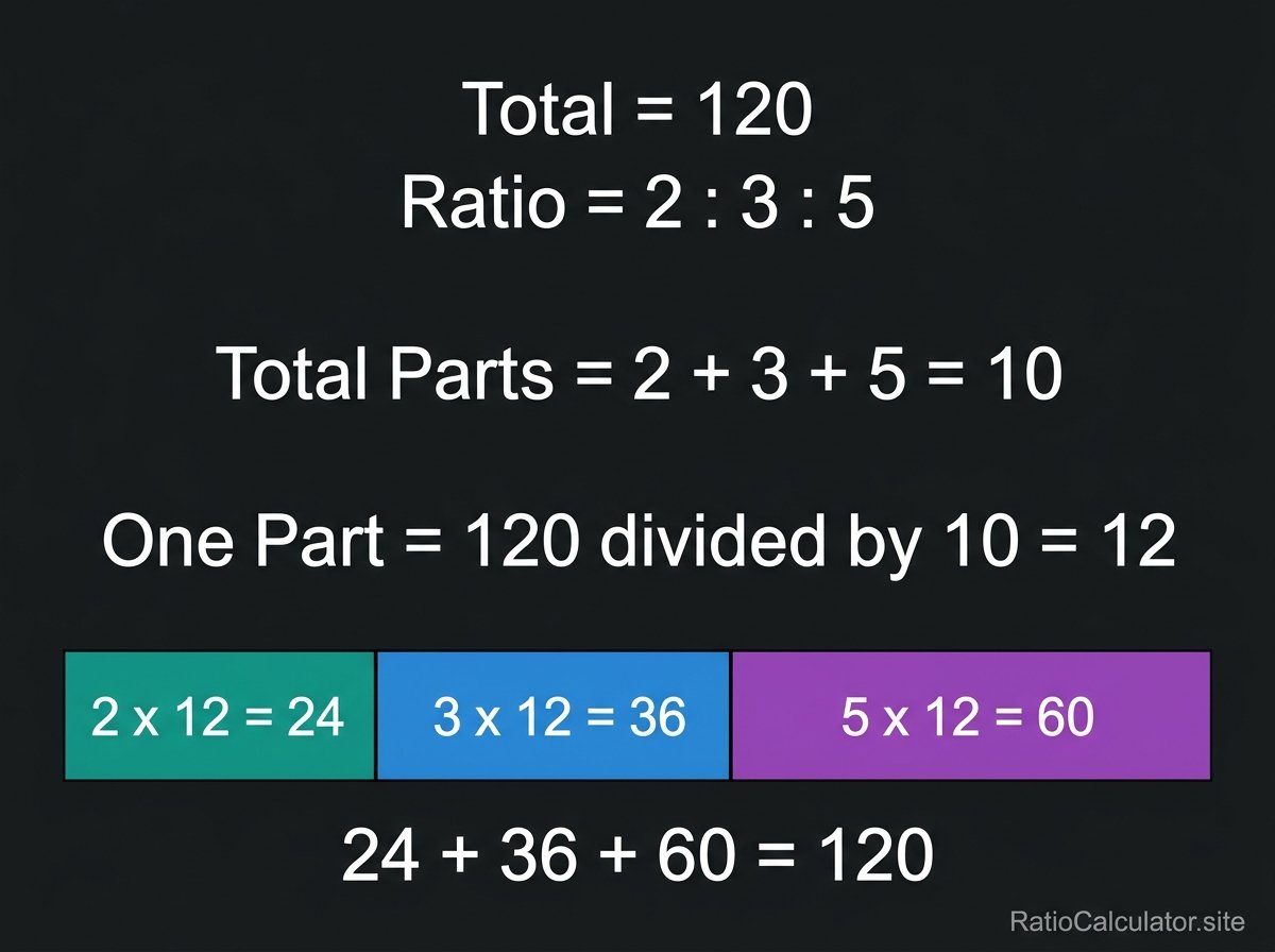 Step by step diagram showing 120 divided in the ratio 2:3:5 with total parts equal to 10, one part equal to 12, and final values of 24, 36, and 60