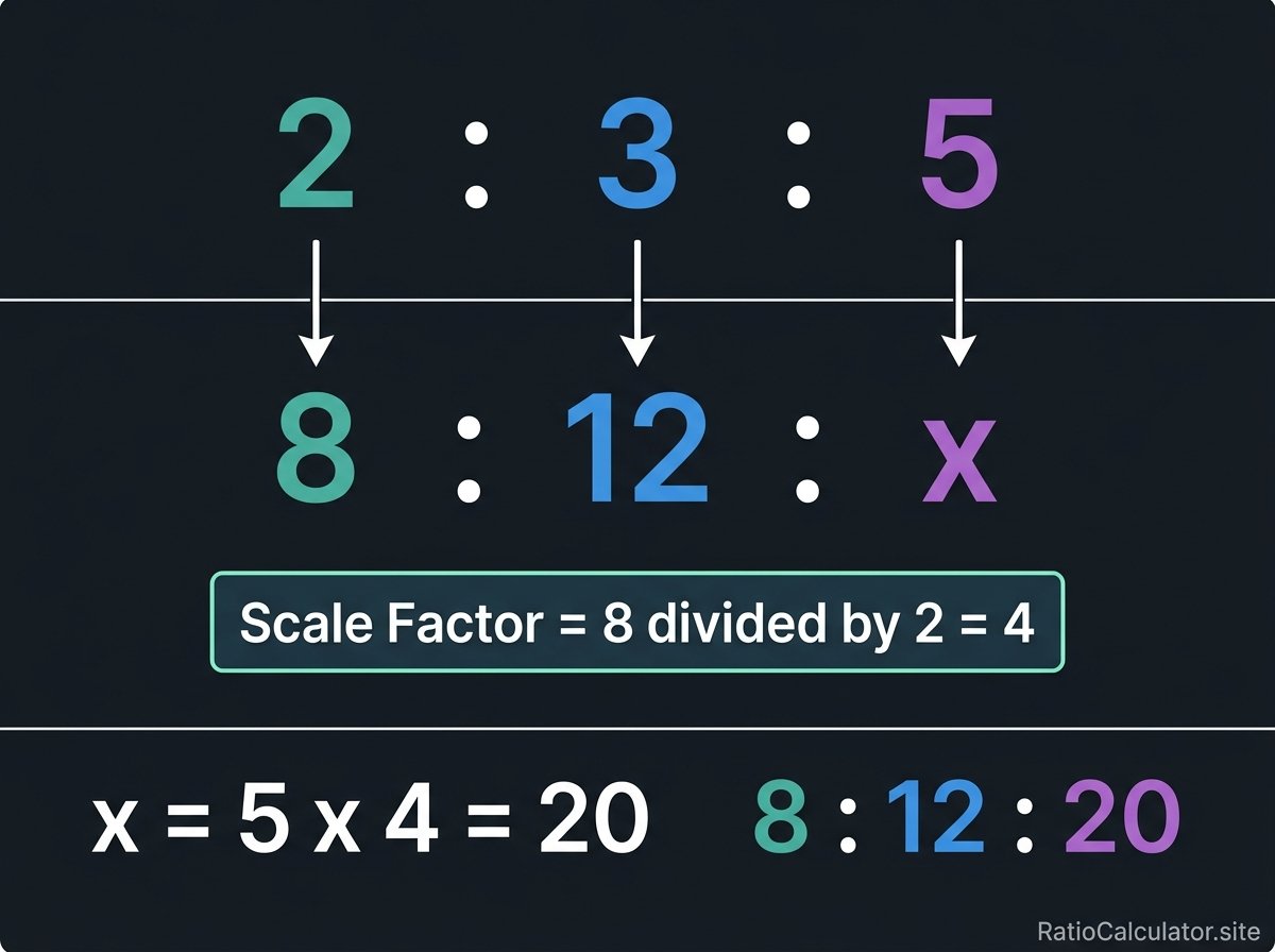 Diagram showing how to find the missing value x in the equivalent ratios 2:3:5 and 8:12:x using a scale factor of 4 to calculate x equals 20